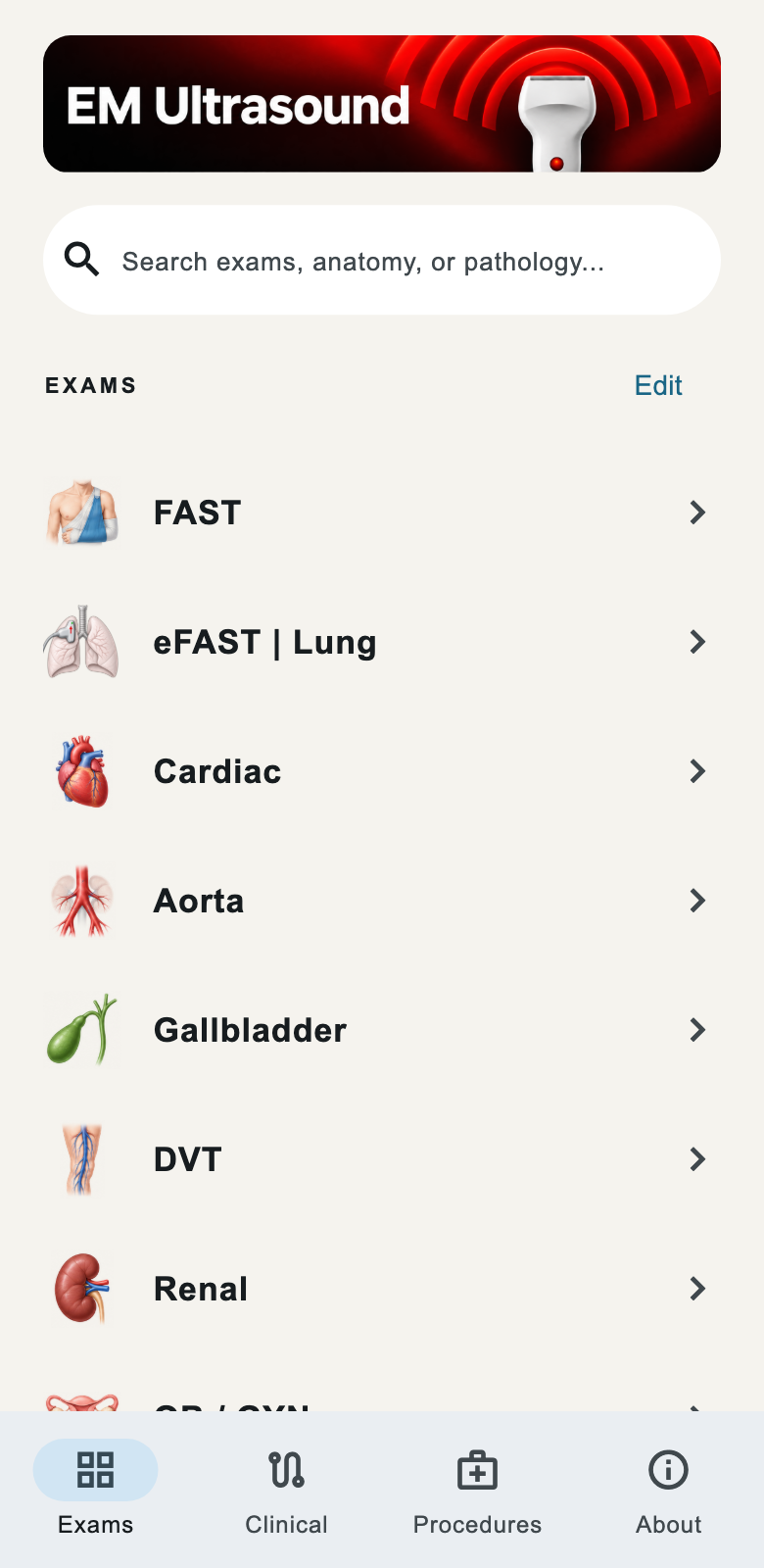 Current EM Ultrasound exam list with Cardiac, FAST, eFAST and other exams