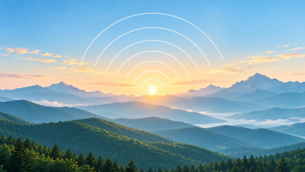 Mountain sunrise with ultrasound waves radiating from the sun